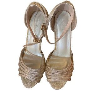David's Bridal Shoes Strappy Gold ELTON9X Glitter Crystal High Heel Open Toe 7.5